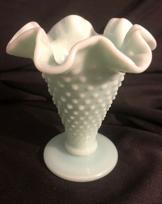 Rare Fenton Green Pastel Milk Glass Hobnail Mini Trumpet Vase 1950 