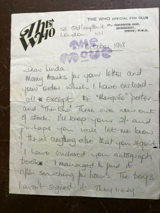 The Who - 1968 Fan Club Letter - On Unique Content Cool Letterhead