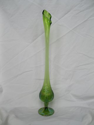 Green Carnival Glass Pedestal Bud Vase - 18 " T X 2 7/8 " D