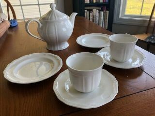 Mikasa Antique White Tea Pot,  Cups,  And Plates