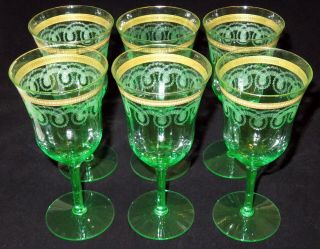 6 Depression Glass Wine Stems Goblets Green Gold Encrusted Needle Etched Tiffin