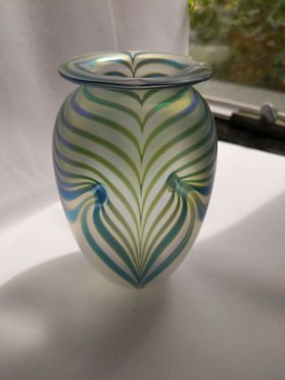 Robert Eickholt Vase Blue Signed/dated 1988 Art Glass 6 " Pulled Feather Vintage