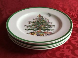 Set Of 6 Copeland Spode Christmas Tree Dinner Plates S.  3324 / Green Band