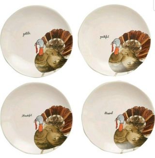 Rae Dunn Turkey Thanksgiving Appetizer Plates - Set Of 4,  8” -