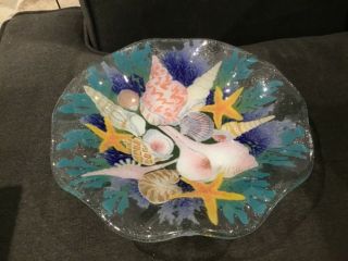 Peggy Karr Signed Fused Art Glass Scalloped Edge 10 - 1/2” Seashells Serving Bowl