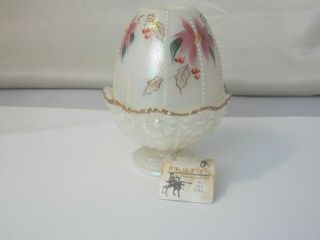 Fenton Beaded Fairy Lamp White With Poinsettias Hand Painted & Signed & Tag