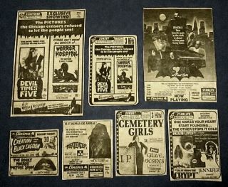 7 Different Horror Newspaper Ads 1979 - 80 / Cemetery Girls / Horror Hospital