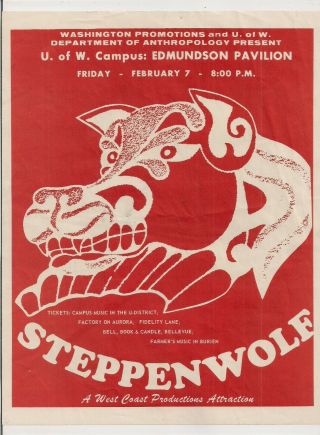 Steppenwolf Feb 7 1969 Uw Edmundson Pavilion Seattle Orig Concert Flyer Handbill