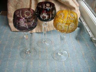 Set 3 Good Quality Bohemian Colour Flashed Cut Crystal Wine Hock Glasses