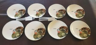 Rae Dunn Turkey Thanksgiving Appetizer Plates Dish Holiday Dining 8pc Magenta