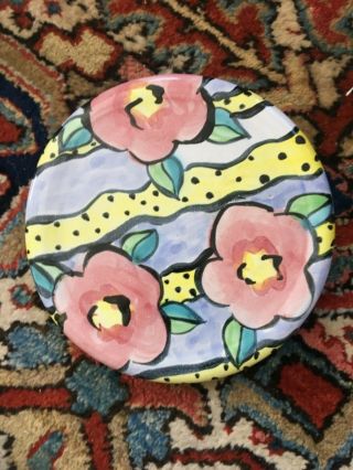 Damariscotta Pottery 8 Inch Pink Flower With Yellow And Blue Trivet Hand Made