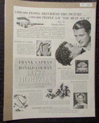 1937 Lost Horizon 10x13 " Movie Print Ad Fn 6.  0 Frank Capra,  Ronald Colman