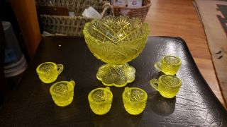 Westmoreland Yellow Uranium Glass Mini Punch Bowl With 6 Cups.