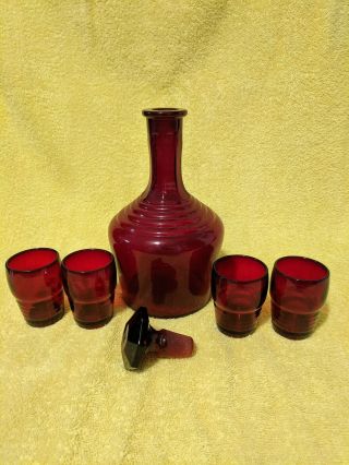 Ruby Red Glass Decanter With Shot Glasses