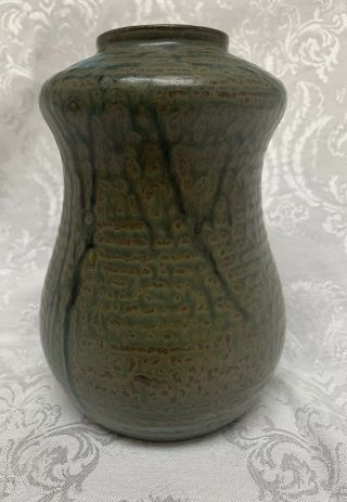 Kenzan Japanese Ikebana Green Brown Drip Glaze Pottery Vase,  6 1/4 " Tall