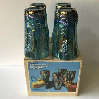 Indiana Carnival Glass Iridescent Harvest Grape Amethyst Blue 4 Tumblers Boxed