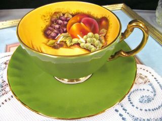 AYNSLEY tea cup and saucer orchard fruits pattern teacup olive green shade 50 ' s 4