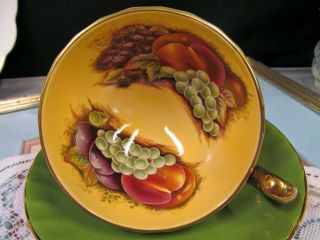 AYNSLEY tea cup and saucer orchard fruits pattern teacup olive green shade 50 ' s 6