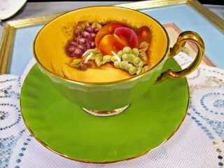 AYNSLEY tea cup and saucer orchard fruits pattern teacup olive green shade 50 ' s 7
