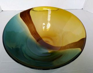 Vintage Large 12 ",  Thick Hand Blown Art Glass Bowl W/ Earthy Tones
