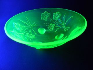 Uranium Glass Footed Bowl With Flower Print Depression Green Glass
