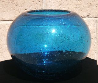 Electric Blue Bubble Art Glass Round Vase,  Pot,  Fish Bowl.  Hand Blown 8.  5 "