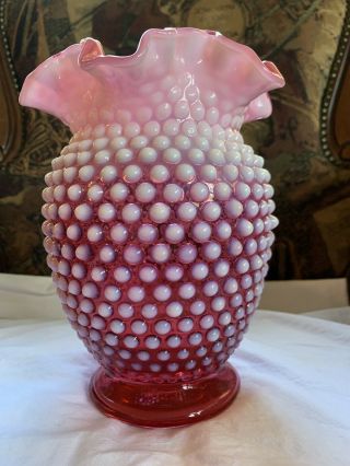 Vintage Fenton Hobnail Opalescent Cranberry Glass 8 " Double Ruffled Vase