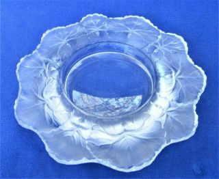 Signed Lalique France Art Glass Crystal Honfleur Geranium Leaves Dish Bowl