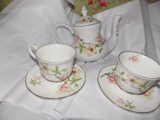 Vintage Staffordshire England 1 Teapot 2 Teacups Set Floral Magnolia Blooms
