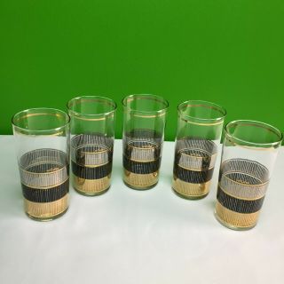 Culver Vintage Set Of 5 Mid Century Gold 22k Striped Drinking Glasses Highball