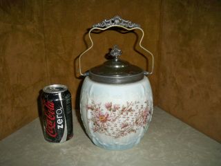 Antique Mt Washington Biscuit Cracker Jar With Handle Hand Painted Floral Design