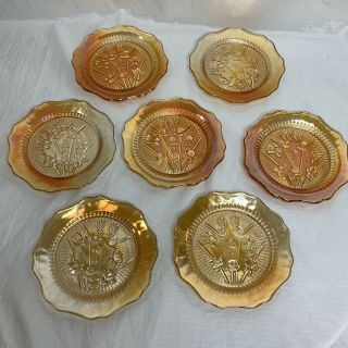 7 Jeannette Glass Iris Herringbone Marigold Iridescent Gold Bread Butter Plates