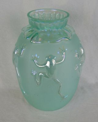 Vintage Large Green Frosted Glass Vase Iridescent Climbing Frogs Iris Lily