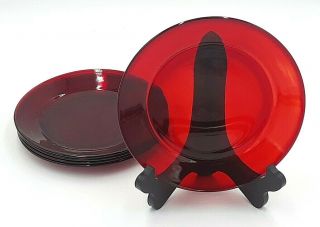 Set Of 6 Vintage Ruby Red Arcoroc Glass 8 " Salad Plates Made In France