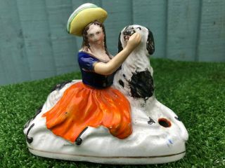 Mid 19thc Staffordshire Girl Figurine,  Black & White Recumbent Dog C1850s