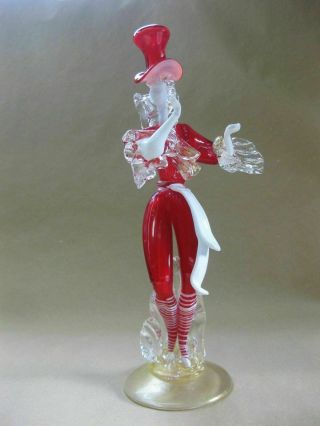 Vintage Murano Glass Figure Of Dancing Man In Top Hat Red & White 31 Cm Tall