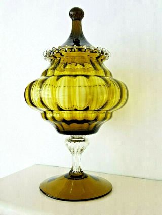 Vintage Green Glass Vase/ Jar With Lid 13.  5 " Height