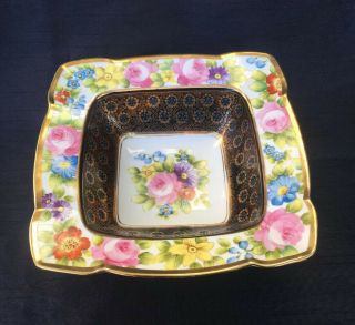 Antique Nippon Japan Gold Blue Beaded Square Bowl W/ Hand Painted Pink Roses