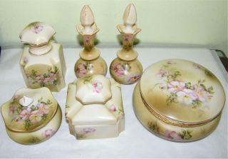 6 Piece Set Of Hand Painted Nippon - Dresser Set,  Perfume Bottles,  Powder Jars