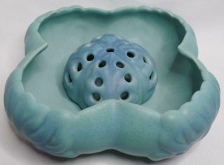 Van Briggle Turquoise Ming Blue Oak Leaf Centerpiece Bowl Vase W/org Flower Frog