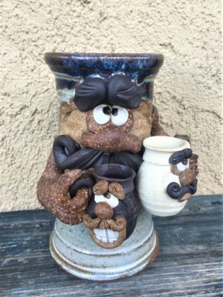 Signed Eakin Studio Art Pottery Stoneware Beer Stein Tankard Mug Mustache Face