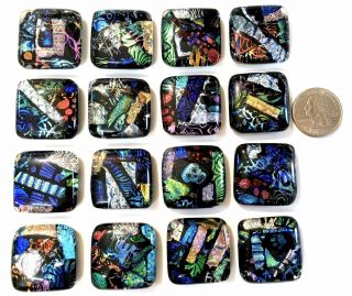 16 Mosaic Dichroic Fused Art Glass Cabochons Accent Tiles Diy Cabinet Knobs 1”,
