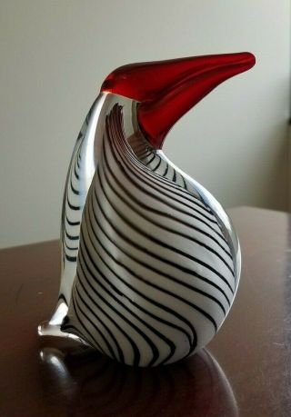 Vintage Murano Art Glass Black White Striped Bird Toucan Puffin Penguin Red Beak