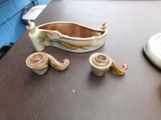 Vintage Rare 1951 - 1954 Hull Parchment Pine Cone Planter And 2 Candle Holders