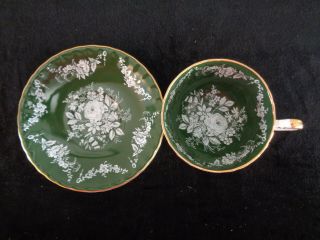 Aynsley Dark Green With White Roses Tea Cup And Sacer