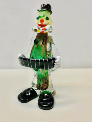Vintage 9in Murano Italy Hand Blown Venetian Glass Clown With Accordion