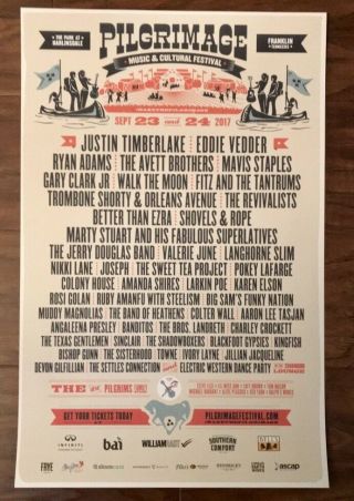 Pilgrimage Festival 2017 Official Concert Poster Eddie Vedder Justin Timberlake