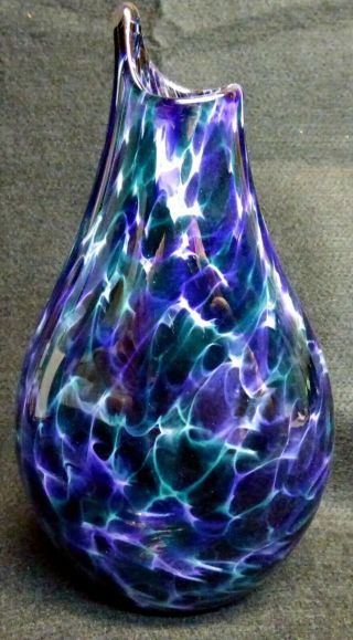 Purple And Green Swirl Vase Tear Drop Shaped Signed