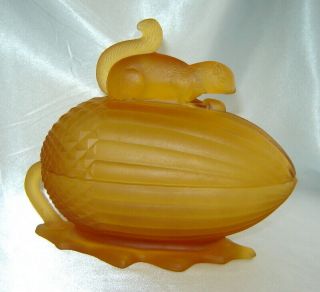 Vintage L.  E.  Smith Frosted Amber Glass Squirrel On Nut Covered Candy Dish