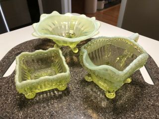 Vintage Vaseline Glass 3 Footed Candy Dish/ Creamer And Square Dish Set